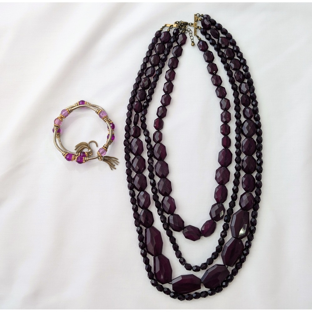 Estate Curated Set Of 2 Deep Purple Lucite Multistrand Necklace Wrap Bracelet